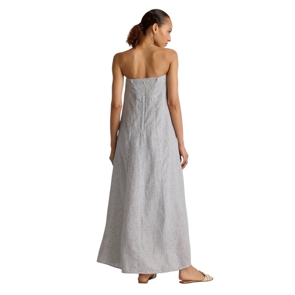 Quince 100% European Linen Strapless Maxi Dress in Blue Pinstripe 🔵⚪️ Size Large - Picture 3 of 10